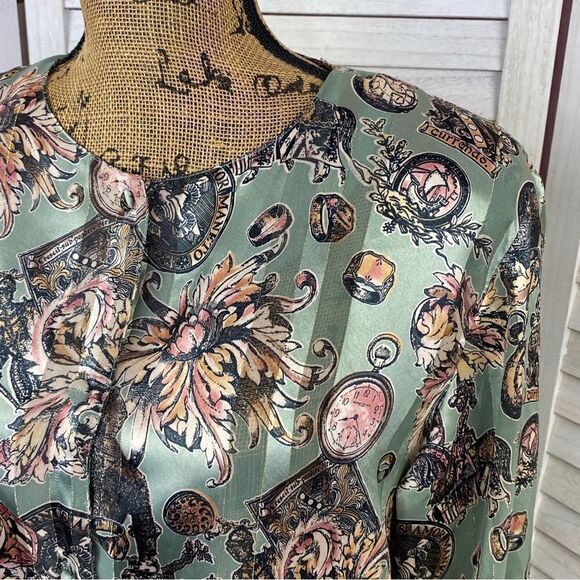 Sellecca Vintage Satin Printed Button Front Blouse Sage Green 10 - Picture 5 of 12